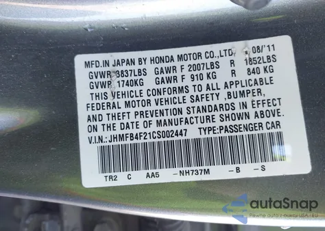 2012 Honda Civic Hybrid from USA, damaged, VIN JHMFB4F21CS002447
